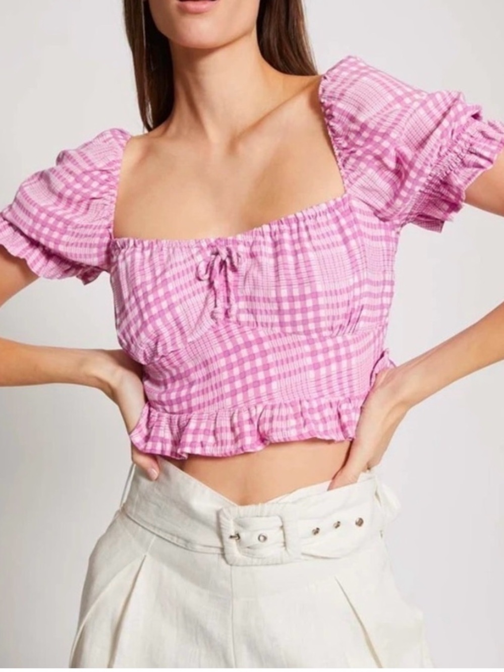 Faithfull the Brand Pink Gingham Tie-Front Crop Top puff sleeve S